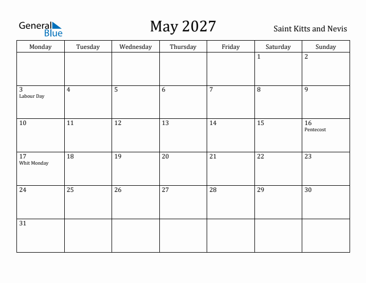 May 2027 Calendar Saint Kitts and Nevis