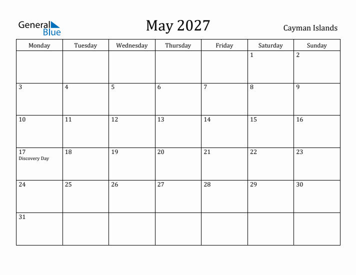 May 2027 Calendar Cayman Islands