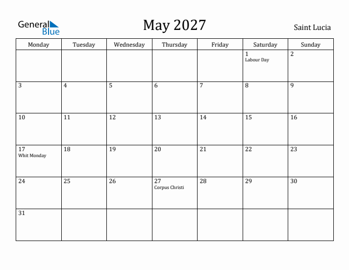 May 2027 Calendar Saint Lucia