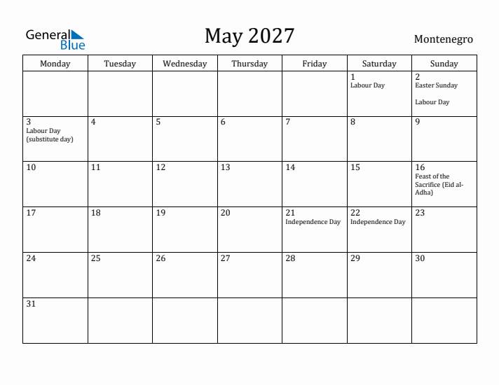 May 2027 Calendar Montenegro