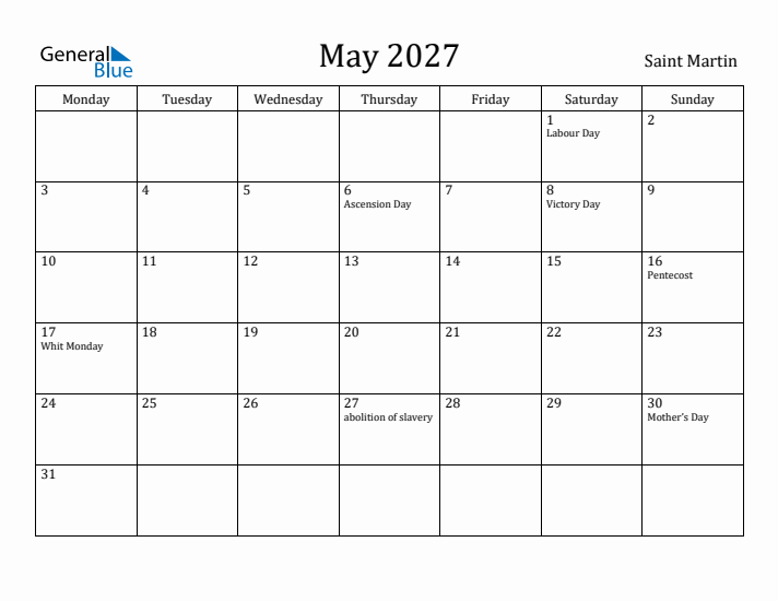 May 2027 Calendar Saint Martin