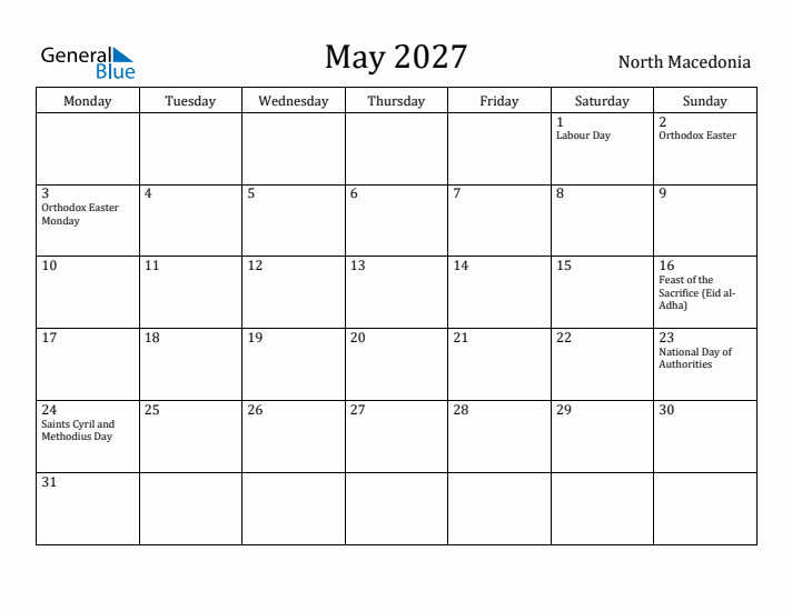 May 2027 Calendar North Macedonia