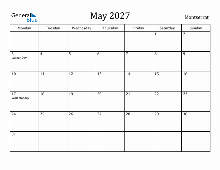 May 2027 Calendar Montserrat