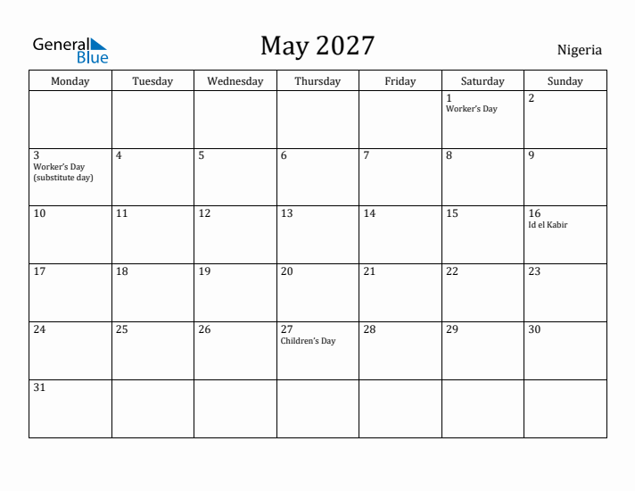 May 2027 Calendar Nigeria