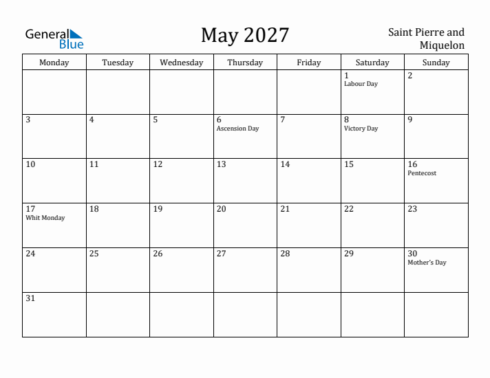 May 2027 Calendar Saint Pierre and Miquelon