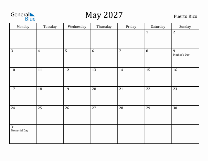 May 2027 Calendar Puerto Rico