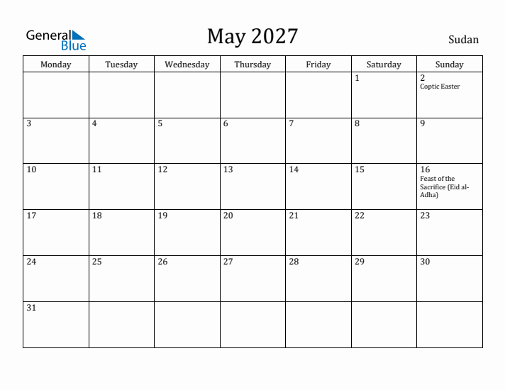 May 2027 Calendar Sudan