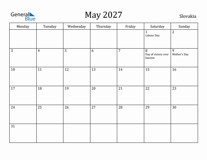 May 2027 Calendar Slovakia