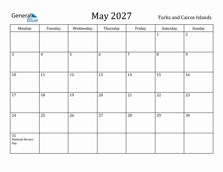 May 2027 Calendar Turks and Caicos Islands
