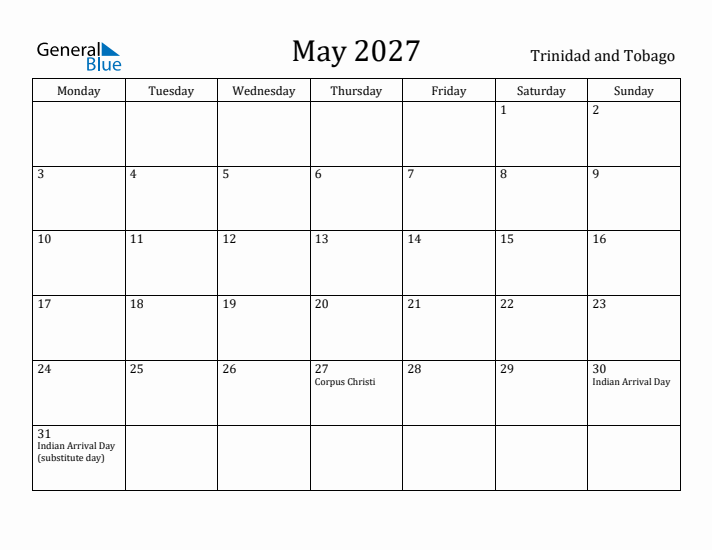 May 2027 Calendar Trinidad and Tobago
