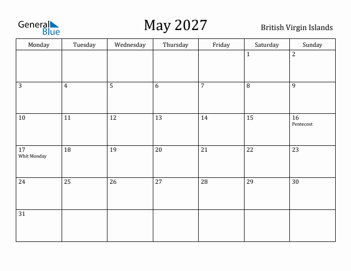 May 2027 Calendar British Virgin Islands