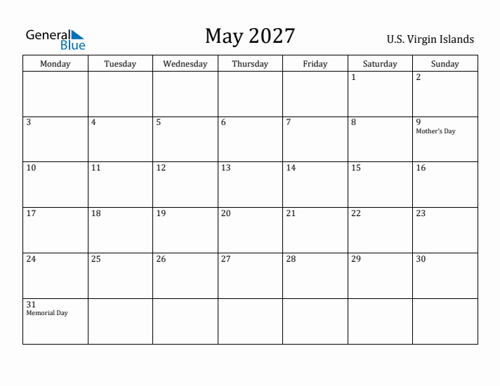 May 2027 Calendar U.S. Virgin Islands