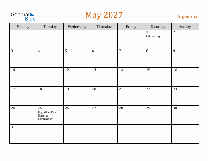 May 2027 Holiday Calendar with Monday Start