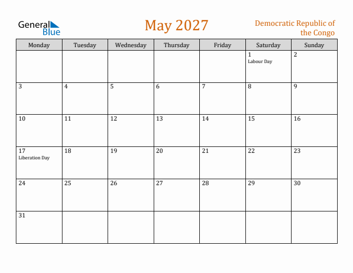 May 2027 Holiday Calendar with Monday Start