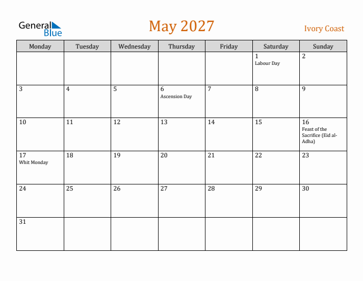 May 2027 Holiday Calendar with Monday Start