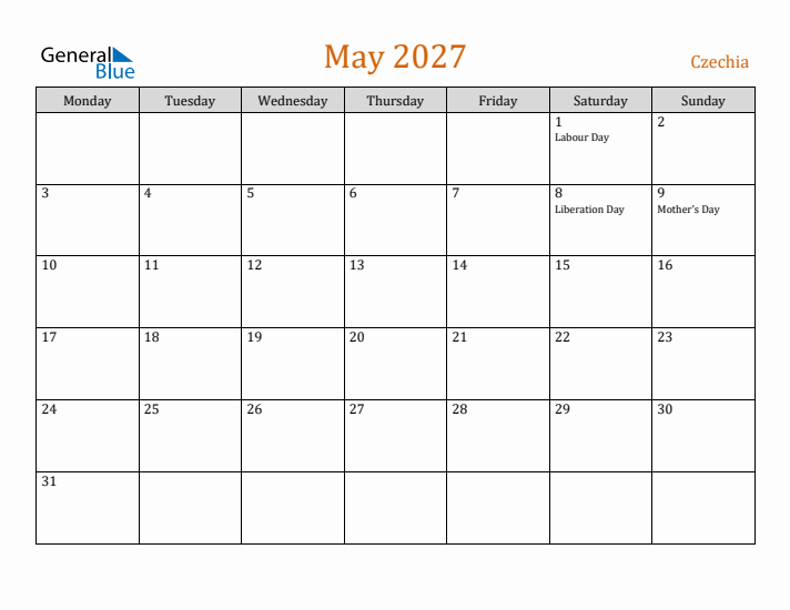May 2027 Holiday Calendar with Monday Start