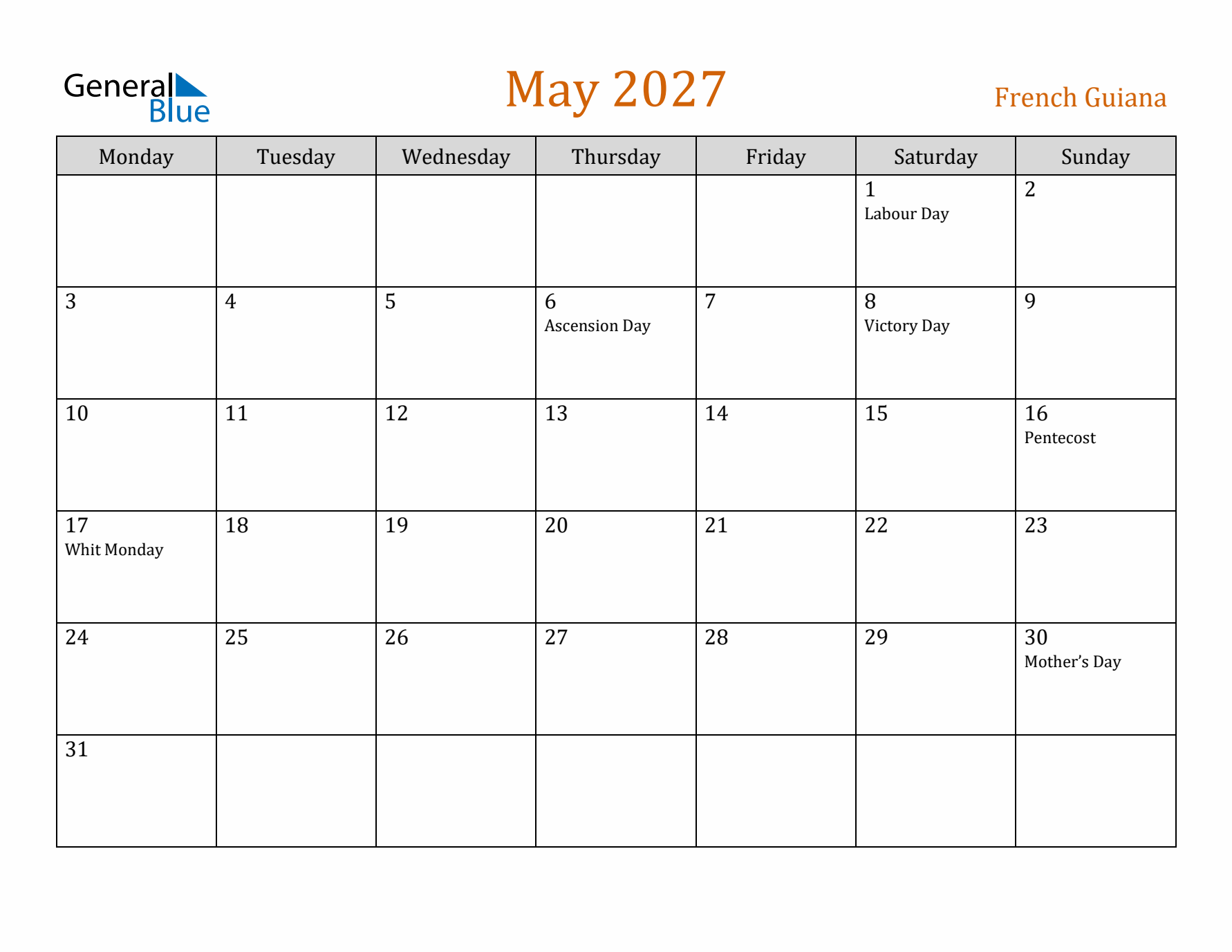 May 2027 Holiday Calendar with Monday Start