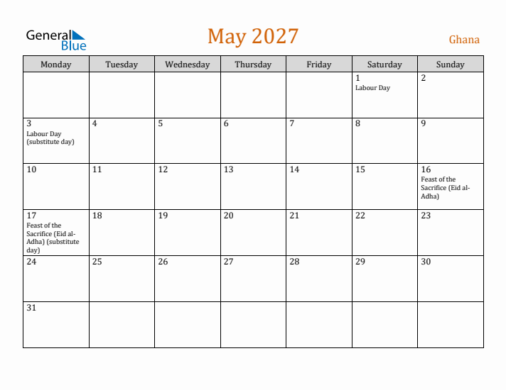 May 2027 Holiday Calendar with Monday Start