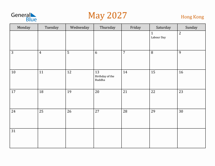 May 2027 Holiday Calendar with Monday Start
