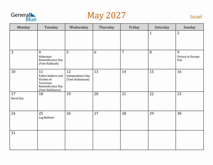 May 2027 Holiday Calendar with Monday Start