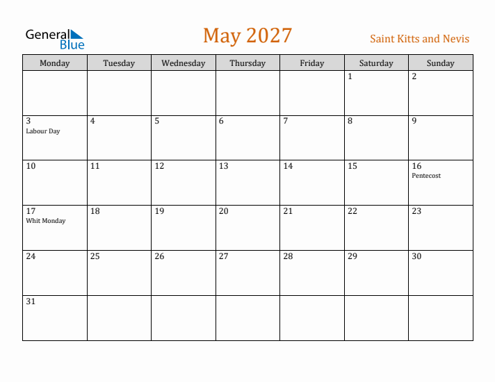 May 2027 Holiday Calendar with Monday Start