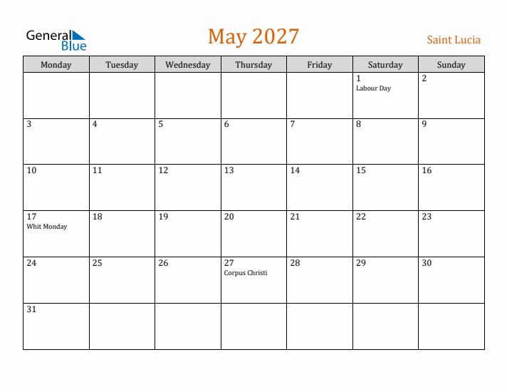 May 2027 Holiday Calendar with Monday Start