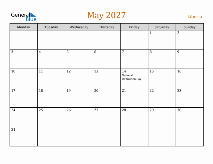 May 2027 Holiday Calendar with Monday Start