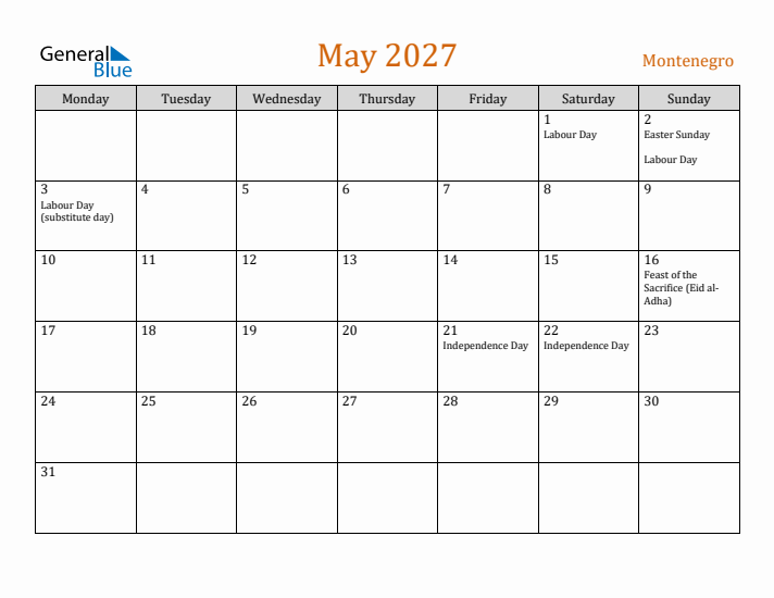 May 2027 Holiday Calendar with Monday Start