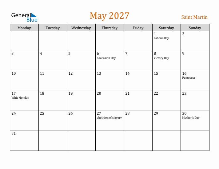 May 2027 Holiday Calendar with Monday Start