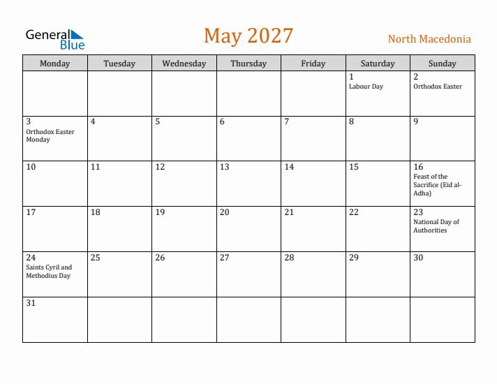 May 2027 Holiday Calendar with Monday Start
