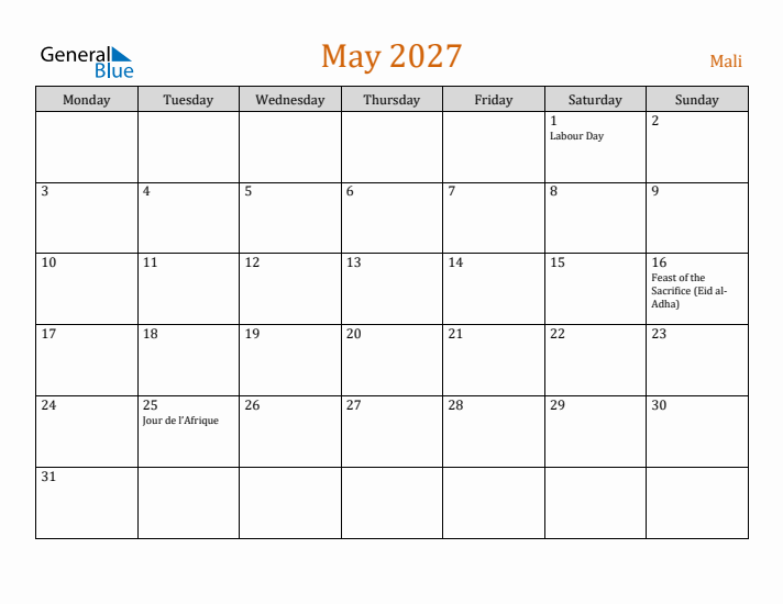 May 2027 Holiday Calendar with Monday Start