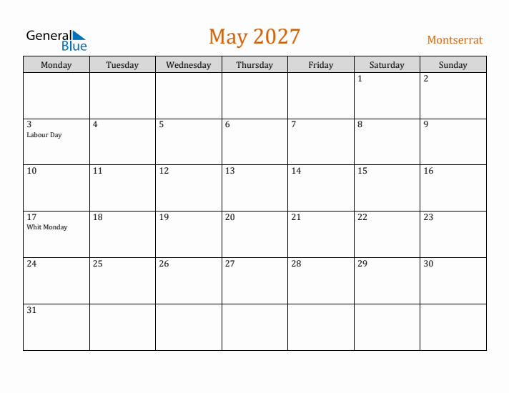 May 2027 Holiday Calendar with Monday Start