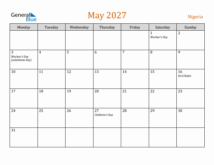 May 2027 Holiday Calendar with Monday Start