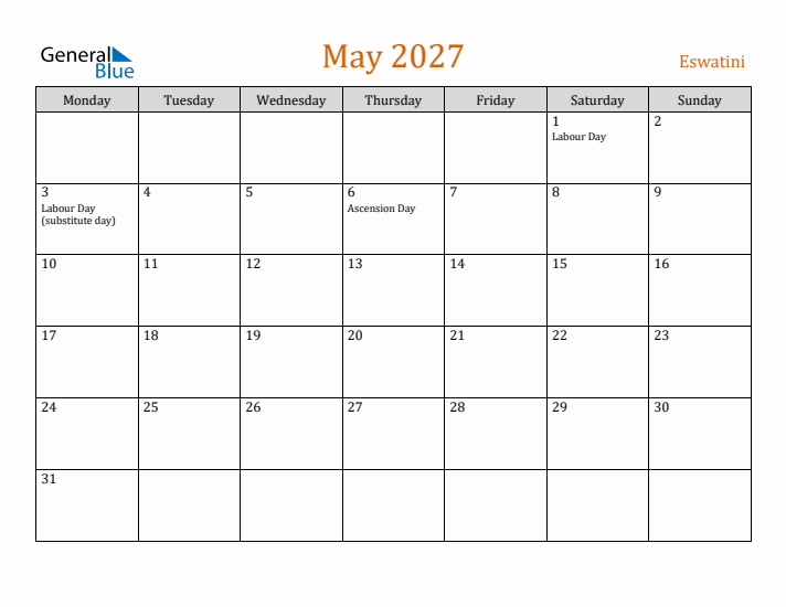 May 2027 Holiday Calendar with Monday Start