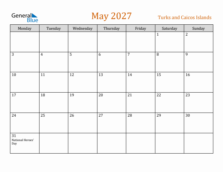 May 2027 Holiday Calendar with Monday Start