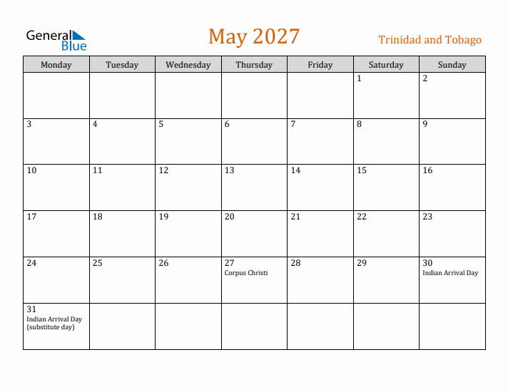 May 2027 Holiday Calendar with Monday Start