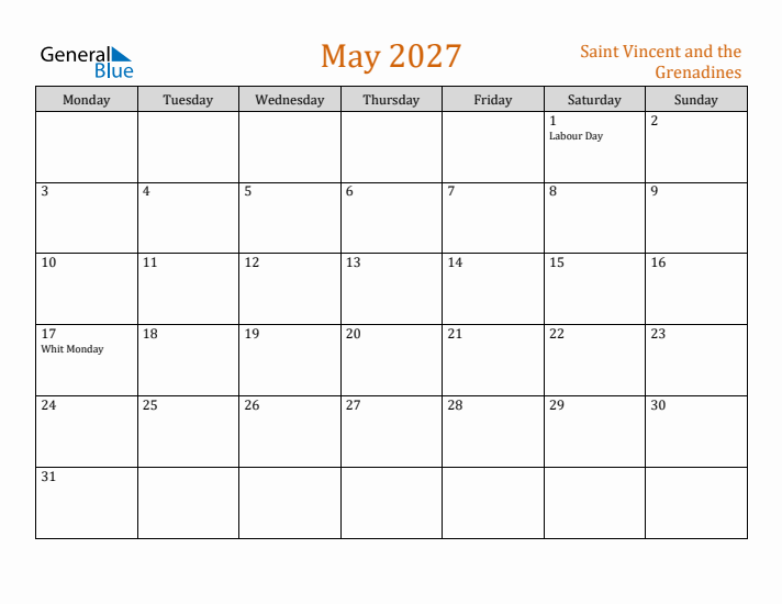 May 2027 Holiday Calendar with Monday Start