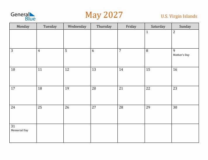 May 2027 Holiday Calendar with Monday Start