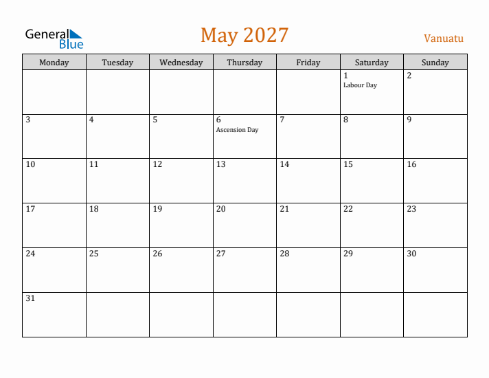 May 2027 Holiday Calendar with Monday Start