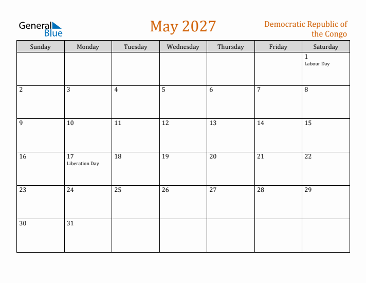 May 2027 Holiday Calendar with Sunday Start