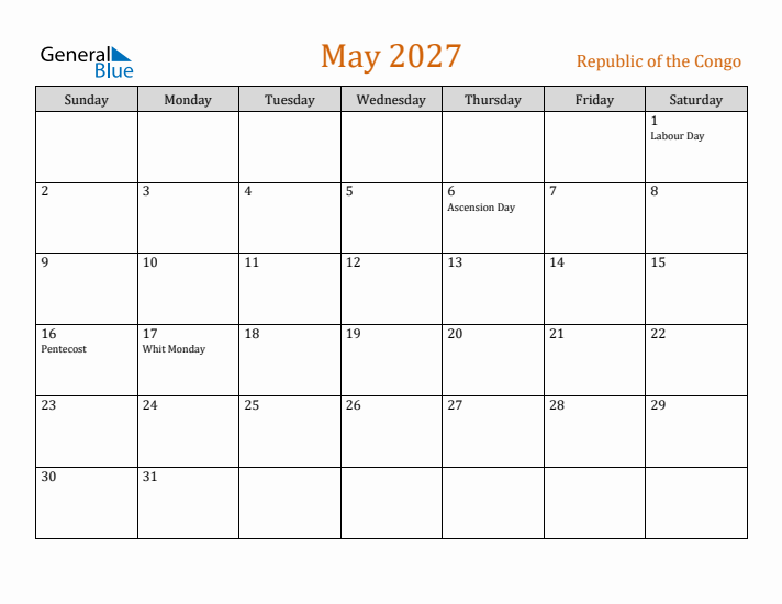 May 2027 Holiday Calendar with Sunday Start