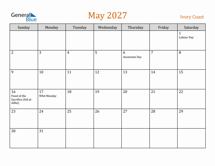 May 2027 Holiday Calendar with Sunday Start