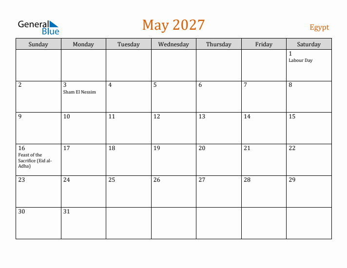 May 2027 Holiday Calendar with Sunday Start