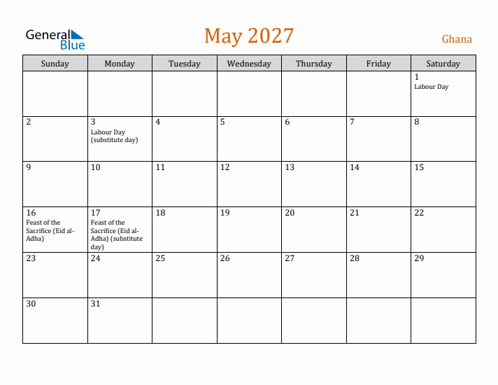 May 2027 Holiday Calendar with Sunday Start