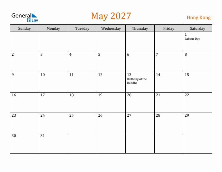May 2027 Holiday Calendar with Sunday Start