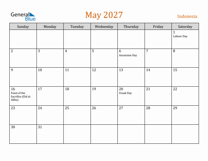 May 2027 Holiday Calendar with Sunday Start