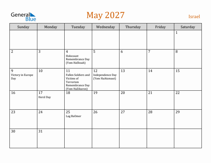May 2027 Holiday Calendar with Sunday Start
