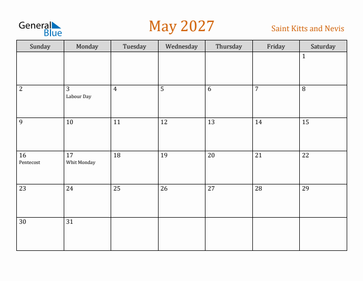 May 2027 Holiday Calendar with Sunday Start