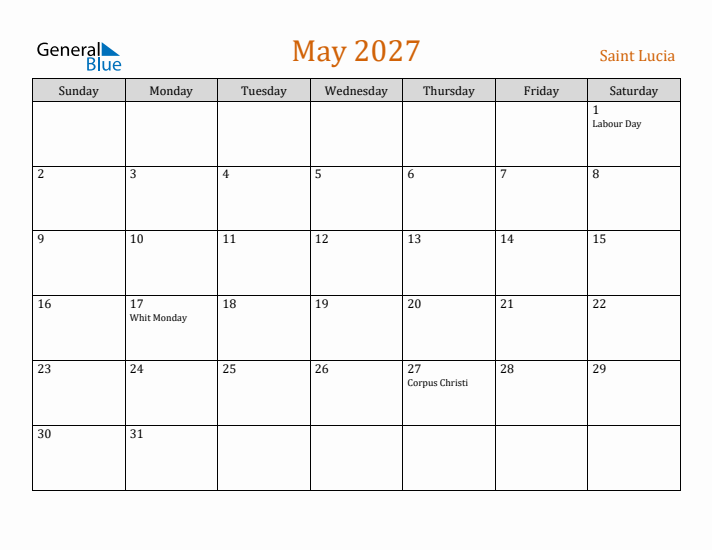 May 2027 Holiday Calendar with Sunday Start