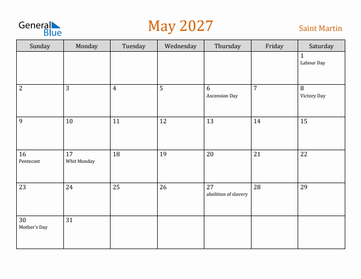 May 2027 Holiday Calendar with Sunday Start